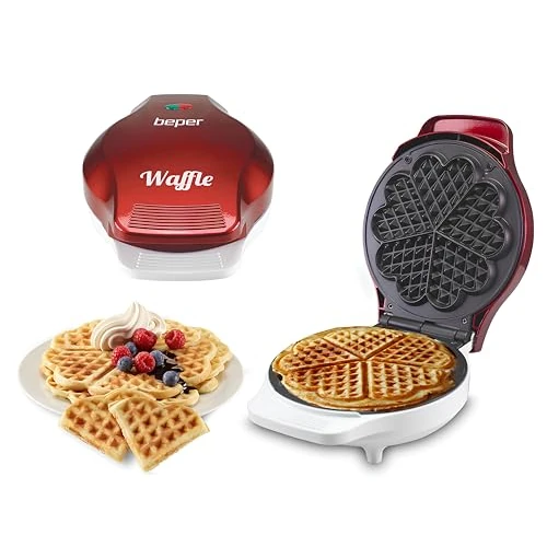 BEPER BT.603Y - Waffle Maker, 5 Waffles at a Time, Non-Stick Plate 18cm, 800-1000W - Red/White