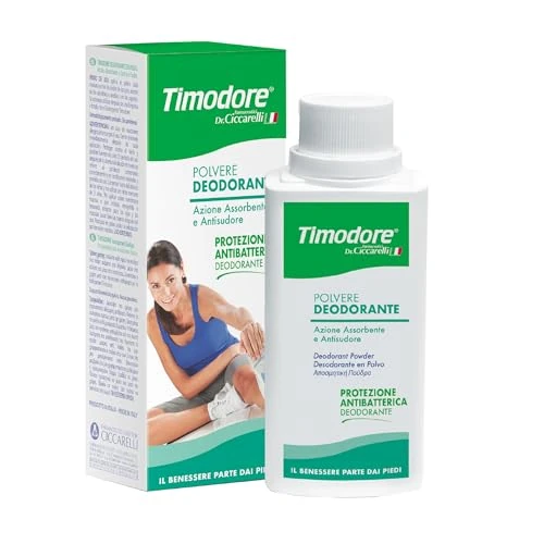 Zeitlich begrenztes Angebot: Timodore, Deodorantpuder, absorbierende und schweißhemmende Wirkung, ideale Antwort auf übermäßiges Schwitzen, antibakterieller Schutz, 100% Made in Italy, Dermatologisch Getestet, 75 g von 8.69 € auf 7.03 € (19% Rabatt)