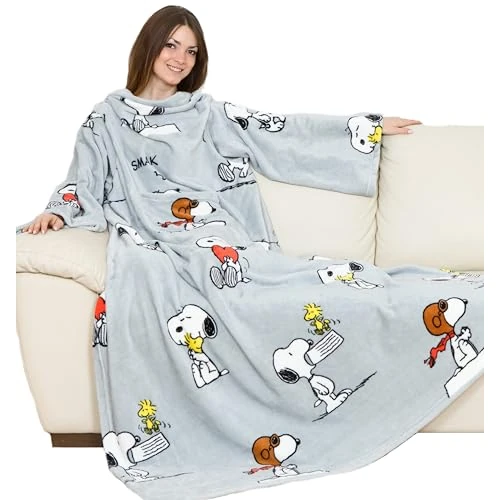Limited offer: Kanguru Deluxe Snoopy Blanket, fluffy blanket, fleece blankets for adults, blanket with sleeves with Kangaroo pocket, gifts for women, snuggle blanket, Light Grey, 140x180 cm from 29.99 EUR to 14.95 EUR (save 50%)
