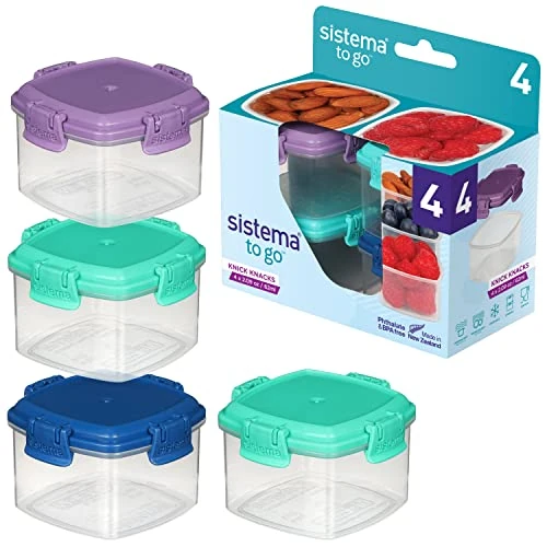 Offerta a tempo: Sistema TO GO set di contenitori per piccoli oggetti | Contenitori per alimenti impilabili con coperchio | 62 ml | Privi di BPA | Coperchi verdiblurosa e viola | 4 pezzi - 0.00% da 14.31 € a 14.31 €
