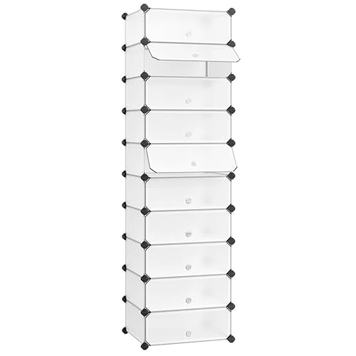 SONGMICS Meuble à Chaussures avec 10 Compartiments Rectangulaires, pour 20 Paires, Étagère Modulable en Plastique, Boîte à chaussures, avec Porte, Maillet, Rangement, Blanc LPC10W
