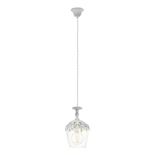 Offerta a tempo: EGLO lampada a sospensione Sudbury, 1 fiamma, vintage, retro, in acciaio | e vetro bianco patinato, trasparente, per tavolo da pranzo e soggiorno, portalampada E27 - 48% da 67.90 € a 34.97 €