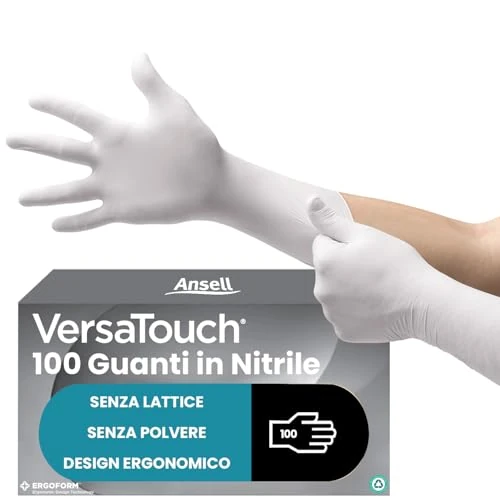 Ansell VersaTouch 92-205 Gants Jetables en Nitrile, Non Poudrés, Protection Multiusage, Alimentaire, Chimique et Mécanique, Sécurité Industrielle, Sans Latex, Blanc, Taille M (100 Pièces)