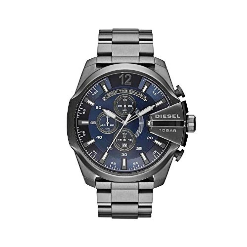 Diesel Reloj para hombre Mega Chief, movimiento cronógrafo de cuarzo, caja de acero inoxidable plateado de 59 mm con correa de acero inoxidable, DZ4308