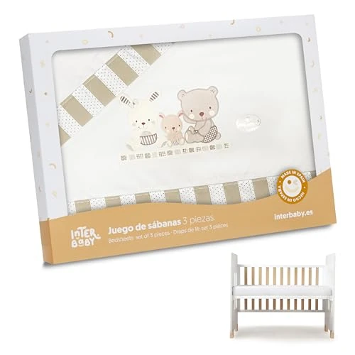 Offerta a tempo: Interbaby Set Di 3 Lenzuola In Cotone Per Culla - Modello: Love In Beige - 700 g - 27% da 19.61 € a 14.39 €