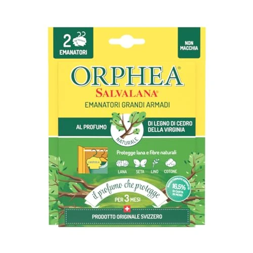 ORPHEA Salvalana Emanatori Large Wardrobes, Protects Wool and Clothes All Season, Cedar Scent, 2 Pure Cellulose Diffusers, 20 x 14.2 x 1 cm