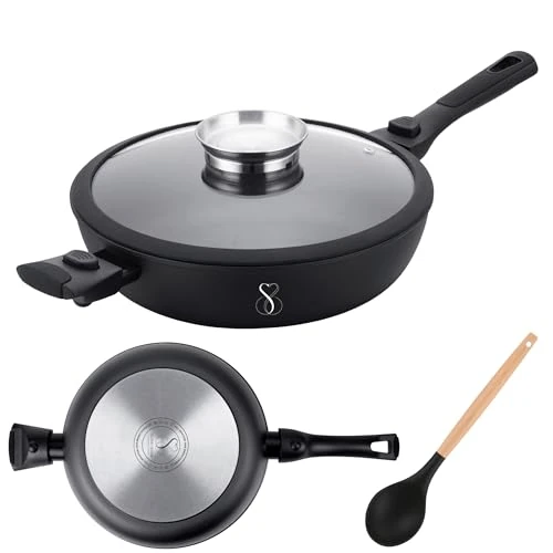 Offerta a tempo: Stone&Stone Padella 28cm alta 7,5 cm a induzione estremamente antiaderente e antigraffio | alluminio acciaio e rivestimento tedesco | padelle chef professionale | coperchio in vetro (28CM ALTA) — 23% da 49,90 € a 38,48 €