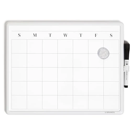 U Brands Whiteboard Planner, Magnetic Monthly Dry Wipe Calendar Board 36x28 cm with Modern White Frame, Includes Marker with Eraser and Magnet, Small Wall White Board for Home, Office, School