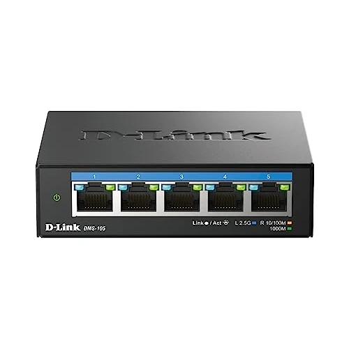 D-Link DMS-105 5-Port Multi-Gigabit Unmanaged Desktop Switch (5x 2,5G Ports, Lüfterlos, Low Profile, Kompakt, Metal Gehäuse, QoS, Plug and Play)
