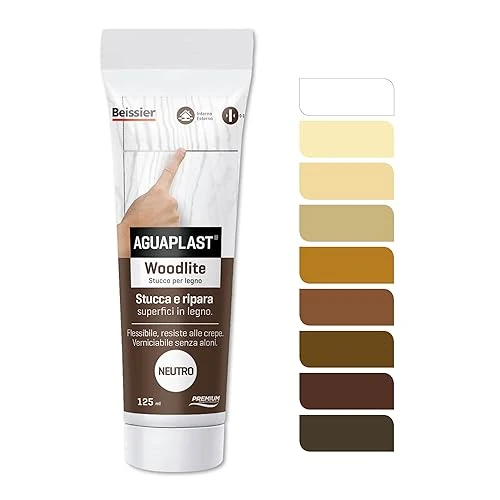 Offerta a tempo: Stucco per Legno Colorato Pronto all’Uso – Aguaplast Woodlite Fibrorinforzato – Riempitivo per Buchi e Crepe su Mobili, Infissi e Parquet – Verniciabile Senza Fondo Colore Neutro tubo da 125ml - 0.00% da 9.90 € a 9.90 €