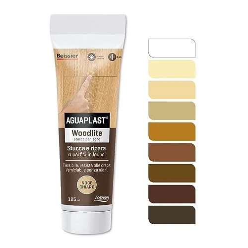 Offerta a tempo: Stucco per Legno Colorato Pronto all’Uso – Aguaplast Woodlite Fibrorinforzato – Riempitivo per Buchi e Crepe su Mobili, Infissi e Parquet – Verniciabile Senza Fondo Colore Noce chiaro tudo da 125ml - 38% da 9.90 € a 6.15 €