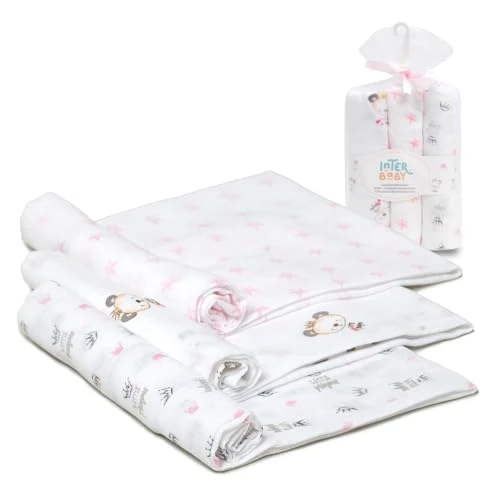 Interbaby Babydoekjes van katoen, 80 x 80 cm, verpakking met 3 luiers, voor borstvoeding, handdoek, deken, comfortabel, zacht, ademend, roze