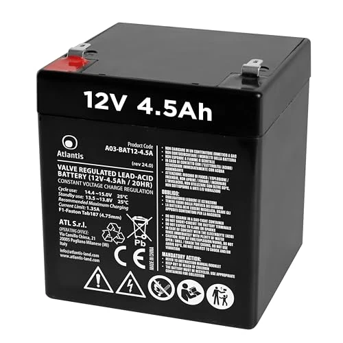 Offerta a tempo: Atlantis batteria piombo 12v 4,5 ah ermetica (VRLA), adatta per UPS Gruppi di Continuità, Videosorveglianza, Sistemi di allarme, mobilità elettrica, giocattoli, attacc faston F2 6,3mm, A03-BAT12-4.5A - 0.00% da 19.90 € a 19.90 €