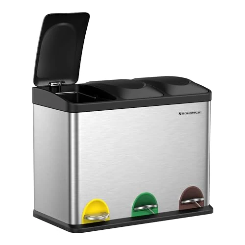 SONGMICS Cestino da Cucina, Pattumiera Tripla per Riciclaggio a Pedale, Metallico da 45 Litri, Raccolta Differenziata, 3 x 15L, con Coperchio, Acciaio, Argento Metallico e Nero Inchiostro LTB45L