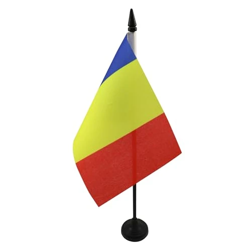 AZ FLAG - Drapeau De Table Roumanie - 15x10 cm - Mini Drapeau Roumain De Bureau 100% Polyester Avec Hampe De 25cm Et Socle En Plastique Noir