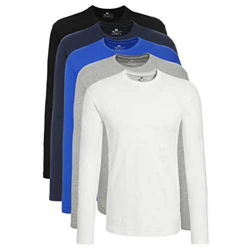 Lower East Heren Shirt met lange mouwen en ronde hals, gemaakt van 100% katoen, Zwart/wit/grijs/donkerblauw/koningsblauw, set van 5, M