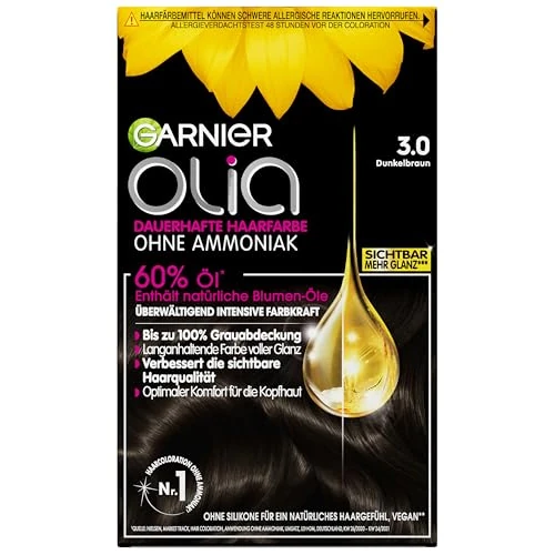 Garnier Tinte permanente para cabello Olia sin amoniaco, con aceites nutritivos y naturales, cobertura total del cabello gris, coloración permanente, número 3.0, marrón oscuro, 1 pieza