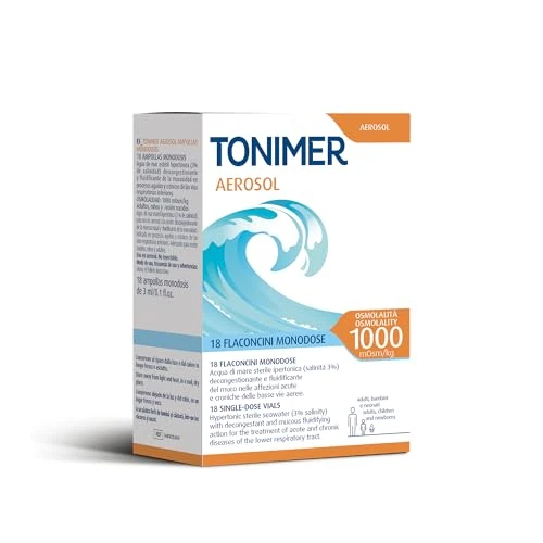 Tonimer Aerosol 1000-18 flaconcini monodose - Acqua di Mare Sterile Ipertonica (salinità 3%) - Decongestionante e Fluidificante del Muco - Adatta a Neonati, Bambini e Adulti