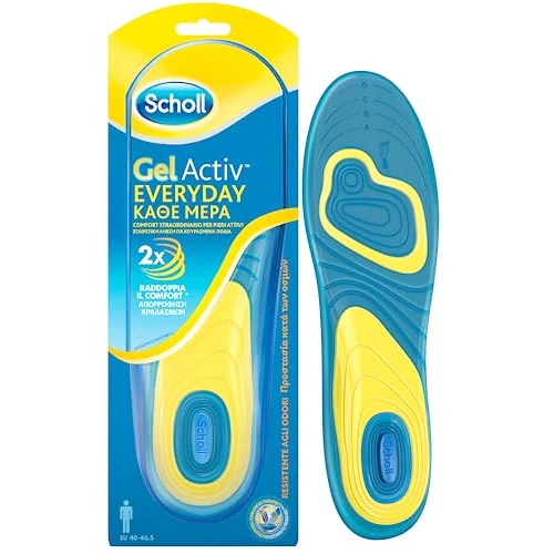 Scholl Solette Gel Activ Everyday, Solette per Scarpe ad Uso Quotidiano per Uomo con Tecnologia Antiodore, Garantiscono Ammortizzazione e Assorbimento degli Urti, Misura 40-46.5, Confezione da 1 Paio