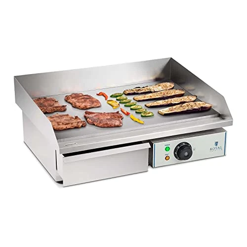 Royal Catering Electric Grill, 3000 Watt, 55 cm Grill Panel Length, Stainless Steel Housing, Cast Iron Griddle, Drain and Detachable Fat Collection Tray, Thermostat, Silver