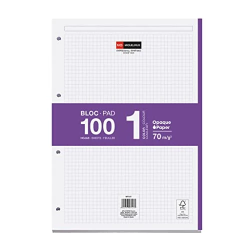 Miquelrius - Bloc de recambio de hojas cuadriculadas A4, Recambio de hojas perforadas para archivador 4 anillas, 100 hojas A4 con cuadrícula 5x5 mm, Papel 70 g/m², Violeta