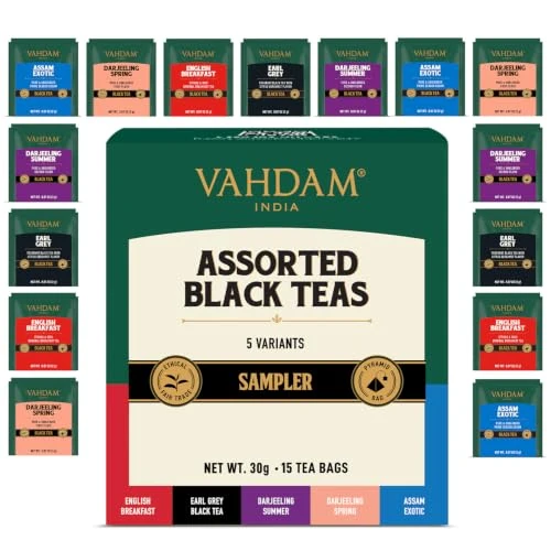 Offerta a tempo: VAHDAM Assortimento Te Nero | 5 Gusti, 15 Bustine Piramidali | Set degustazione di tè nero, 5 gusti in 15 bustine, per donne e uomini - 0.00% da 9.99 € a 9.99 €