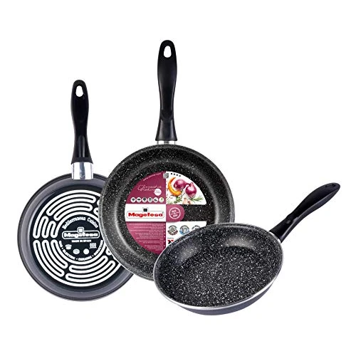 Zeitlich begrenztes Angebot: MAGEFESA K2 Gransasso Set mit 3 Bratpfannen (18/20/24) cm aus verglastem Stahl, grau melierte Außenseite. Zweischichtige, verstärkte Antihaftbeschichtung in Steinoptik, für alle Herdarten geeignet von 34.20 € auf 34.20 € (0.00
