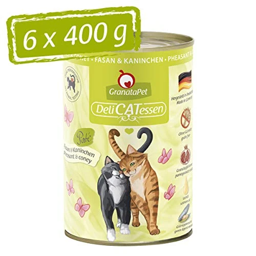 Offerta a tempo: GranataPet DeliCatessen con fagiano e coniglio, cibo umido gatti, gustose scatolette gatto senza cereali e zuccheri aggiunti, alimento umido per gatti, 6 x 400 g - 32% da 18.27 € a 12.48 €