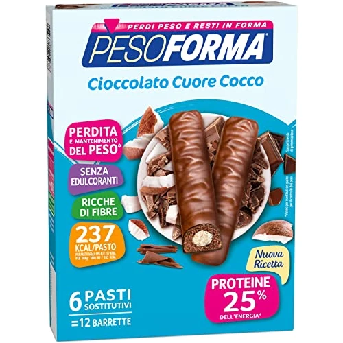 Offerta a tempo: Pesoforma Barrette Cioccolato Cuore Cocco- Pasti sostitutivi dimagranti SOLO 237 Kcal, Ricco in proteine, 6 pasti - 48% da 12.40 € a 6.49 €