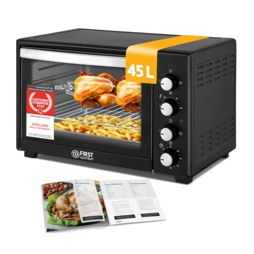 Offerta a tempo: TZS First Austria - Mini Forno 45L 2000W - Fornetto per pizza con temperatura fino a 230°C e rivestimento antiaderente - Con timer di 60 min, 4 altezze di inserimento, teglia, griglia e spiedo rotante - 0.00% da 149.95 € a 149.95 €