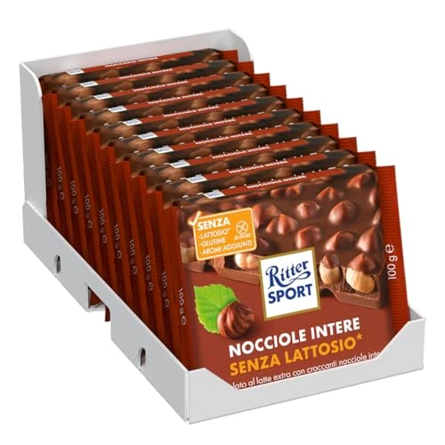 Ritter Sport Nocciole Intere Senza Lattosio, Tavoletta di Cioccolato Al Latte Extra Con Nocciole Intere, Cacao 100% Certificato Sostenibile, Senza Glutine e Lattosio, 10 Pezzi da 100 g