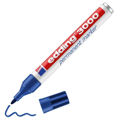 edding 3000 permanent marker - blue - 1 marker pen - round nib 1.5-3 mm - quick-drying permanent markers - waterproof, smudge-proof - for cardboard, plastic, wood, metal, fabric - marker pens