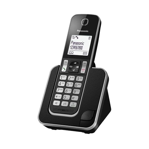 Panasonic KX-TGD310JTB Telefono Cordless Digitale, Unità Base e 1 Ricevitore, Display LCD Bianco, Vivavoce, ID Chiamante, Blocco Chiamate Indesiderate, Modalità Eco Plus, Sicurezza DECT, Nero