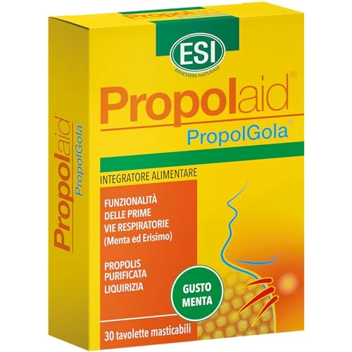 Offerta a tempo: ESI - Propolaid Tavolette Masticabili, Caramelle Gola Gusto Menta con Propolis, Allevia le Infiammazioni del Cavo Orale, Contrasta Sintomi da Raffreddamento, Senza Glutine e Vegetariane, 30 Tavolette - 29% da 8.00 € a 5.68 €