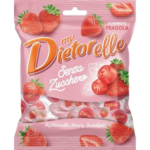 Dietorelle - Caramelle Morbide Vegan Fragola, Caramelline Morbide, Senza Zucchero, Senza Glutine, Con Dolcificante Naturale - 70 Gr