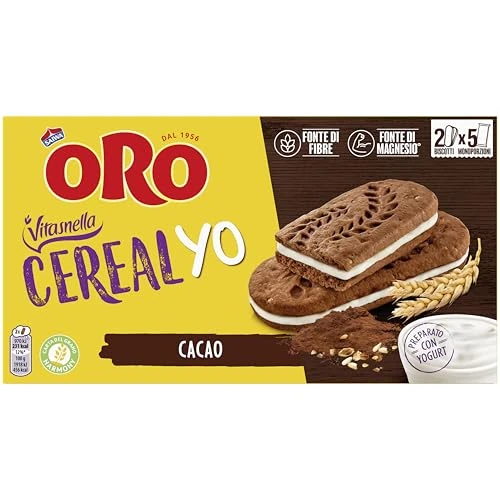 Offerta a tempo: Oro Vitasnella, Cereal Yo On Cacao, Biscotti Ai Cereali E Al Cacao Magro Con Ripieno Morbido Di Yogurt, Fonte Di Fibre E Magnesio, 253g (contiene 5 Monoporzioni Da 50,6g) - 33% da 2.89 € a 1.94 €