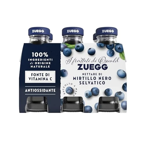 Zuegg Succo di Frutta Nettare di Mirtillo Nero Selvatico in Bottiglia di Vetro (125Ml), Linea Benessere - Fonte di Vitamina C, Frutta 40% Minimo (1 confezione da 6x125Ml)