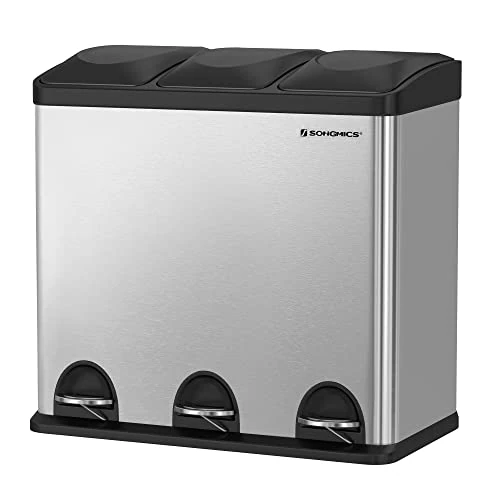 Offerta a tempo: SONGMICS Pattumiera di 54L, Cestino di Spazzatura, a 3 Sezioni, con Pedale, Secchio Interni, 6 Etichetti per Smaltimento Facile, Argento e Nero LTB54L - 20% da 89.99 € a 71.99 €