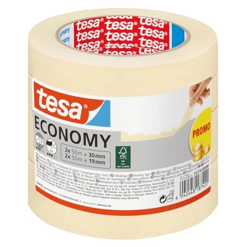 Limited-time offer: tesa Masking Tape ECONOMY EcoLogo - Painters Tape, 4 Days Residue-Free Removal, Without Solvent - Narrow, 2x 50m x 30 mm + 2x 50m x 19mm from 9.71 GBP to 9.71 GBP (save 0%)
