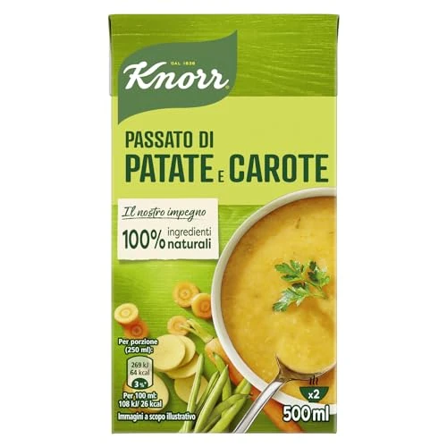 Knorr Passato Patate e Carote, Piatti Pronti Knorr con Ingredienti 100% Naturali, Senza Coloranti e Senza Conservanti Aggiunti, Fonte di Proteine e Ricco di Fibre, Vegetariano, Confezione da 500ml