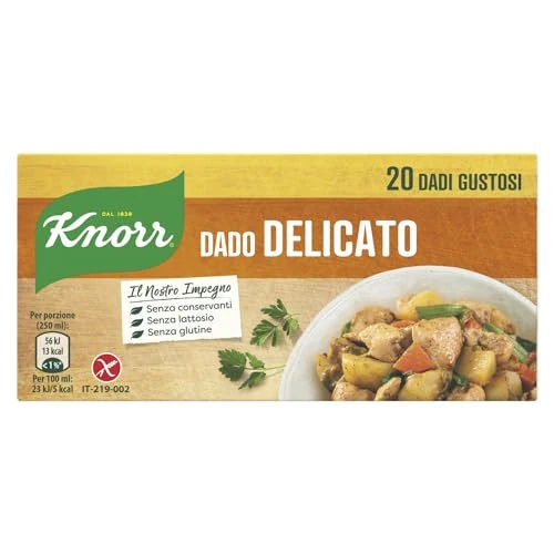 Offerta a tempo: Knorr Dado Delicato, Dado Gustoso da Agricoltura Sostenibile, Basso Contenuto di Grassi, Senza Glutine, Lattosio, Coloranti e Conservanti, 20 Dadi Gustosi - 30% da 2.49 € a 1.75 €
