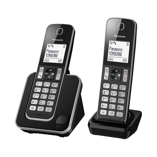 Offerta a tempo: Panasonic KX-TGD312JTB Telefono Cordless Digitale, Unità Base e 2 Ricevitori, Display LCD Bianco, Vivavoce, ID Chiamante, Blocco Chiamate Indesiderate, Modalità Eco Plus, Sicurezza DECT, Nero - 16% da 54.99 € a 45.99 €