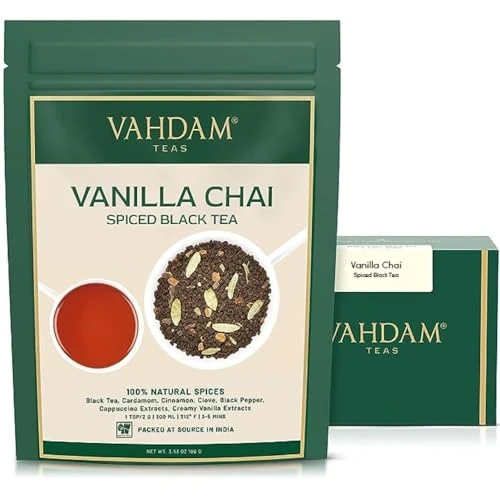 VAHDAM, Vanille Gewürzt Masala Chai | 200gr (100 Tassen) | Entlastung & Erfrischung | Masala Chai Tee | Köstliche Vanille-Tee-Mischung Gewürzter Chai Tee Loose Blatt | Chai Latte