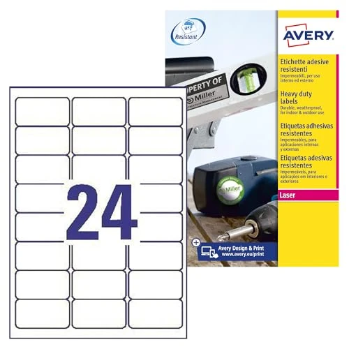 Oferta limitowana: AVERY Zweckform L4773-100 odporne na warunki atmosferyczne etykiety foliowe (63,5 x 33,9 mm na DIN A4, bardzo mocno samoprzylepne, wodoodporne, do zadrukowania na zewnątrz) 2400 naklejek na 100 arkuszy, białe z 467.59 zł na 467.59 zł (o