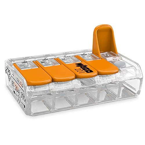 25 piece Wago connection Block with 5 conductors and the actuating lever 0.2-4 mm², small transparent design, 221-415, orange