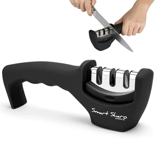 Lantana - Aiguiseur à 3 phases Smart Sharp - pour couteaux de cuisine - résultat professionnel/design ergonomique - pierre céramique/carbure tungstène/diamant - finition noire/chromée