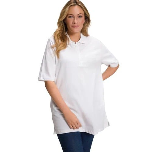 Ulla Popken Polo, Camiseta con Tapeta de Botones con Cinta de Terciopelo, básica, Cuello de Polo, algodón Blanco Nieve 54+ 637297200-54+