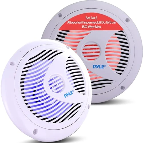 Offerta a tempo: Pyle Altoparlanti Marini Doppi 16,5 Centimetri, Speaker Impermeabili IP44, Speaker 150 Watt Potenza, Casse Audio Cono in Polipropilene e Luci LED Integrate, 1 Coppia, Bianco - 0.00% da 47.99 € a 47.99 €