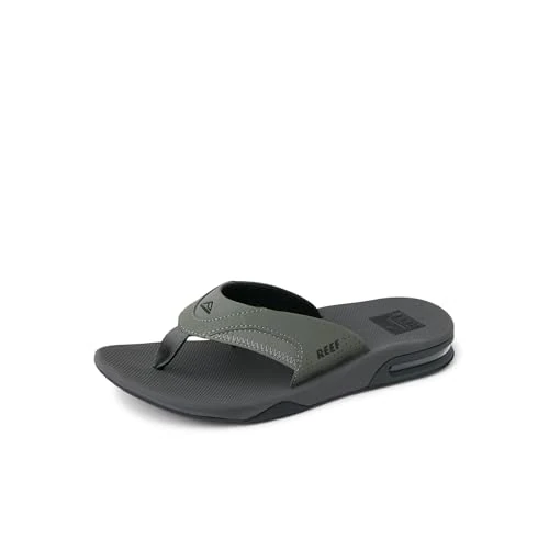 REEF Fanning Heren-teenslipper met flesopener, voetboogondersteuning, duurzame zool en waterbestendig, Grijs/Zwart, 43 EU