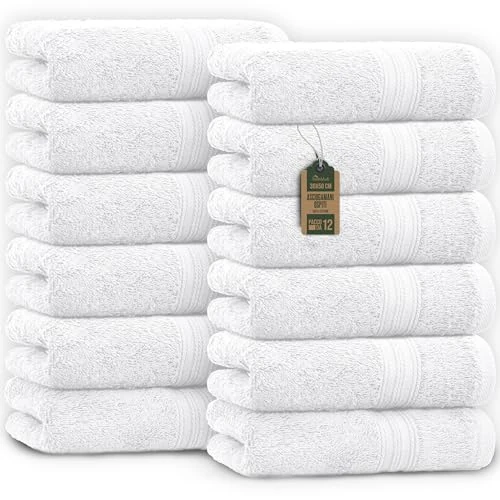NatureMark Serviettes d'invité – Lot de 12 (30x50 cm), 100% Coton, Certification Oeko-Tex, Douces, absorbantes et faciles d'entretien – pour Salle de Bain, invités et Spa – Couleur Blanc